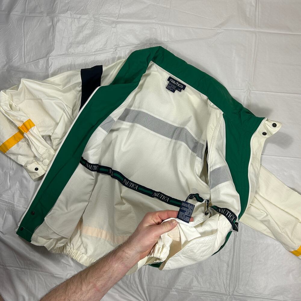 Vintage Nautica Men's Large Sailing Jacket White with Accents, Roll Away Hood - Picture 9 of 12